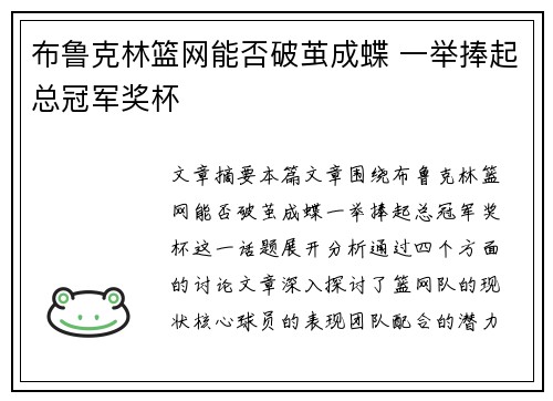 布鲁克林篮网能否破茧成蝶 一举捧起总冠军奖杯