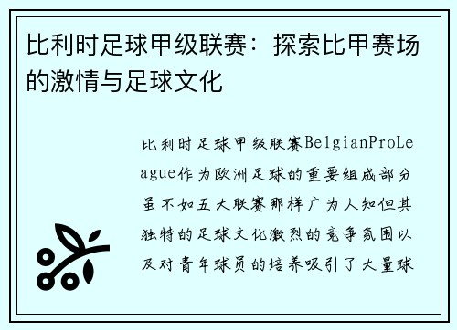 比利时足球甲级联赛：探索比甲赛场的激情与足球文化
