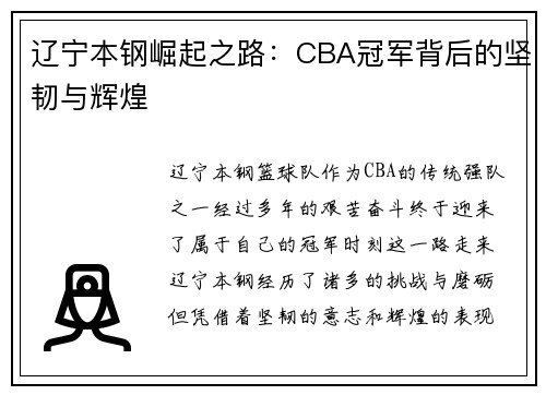 辽宁本钢崛起之路：CBA冠军背后的坚韧与辉煌